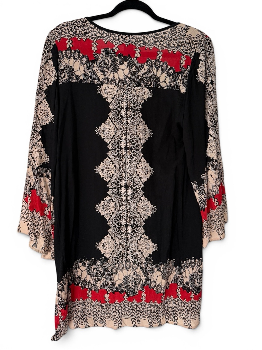 Angie Boho Dress Black Red Global Inspired Print Tassel Tie Neck New with Tags S - Picture 4 of 10